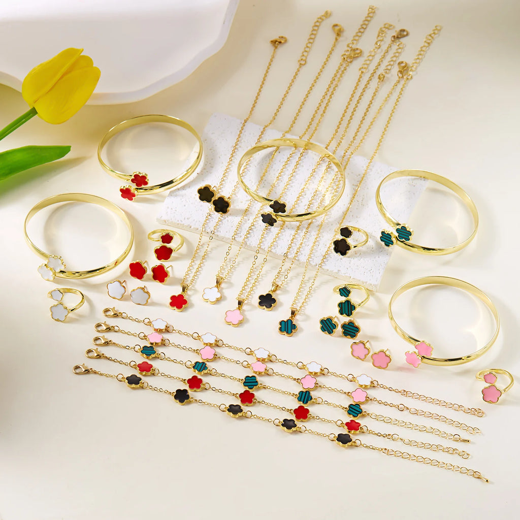 5pcs/set Colorful Enamel Plum Blossom Bracelets for Women Lucky Five Leaf Flower Necklace Earring Elegance Party Jewelry Gifts