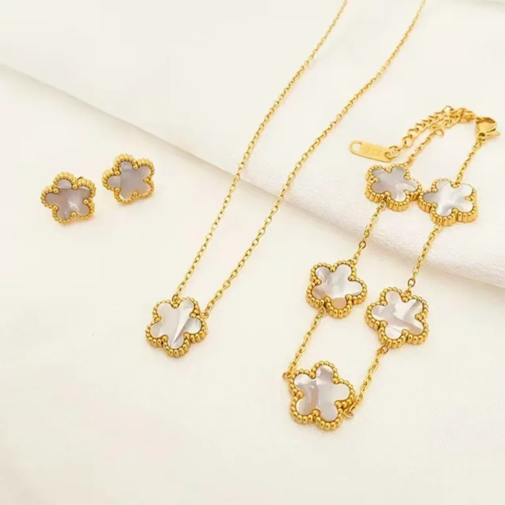 IFYOUOO Necklace Bracelet Earrings Set Luxury Plum Blossom Plant Five Leaf Flower for Women Gift Jewelry