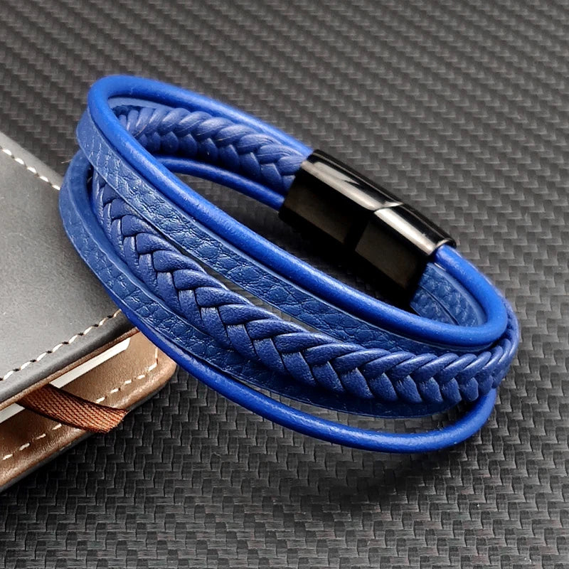 New Titanium Steel Blue Punk Braided Leather Bracelet