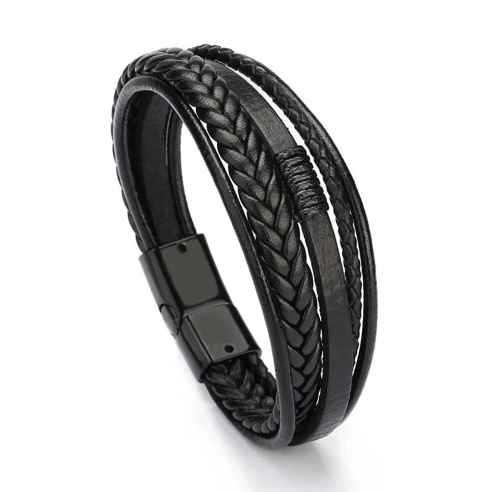 Trendy Leather Bracelets Men Stainless Steel Multilayer