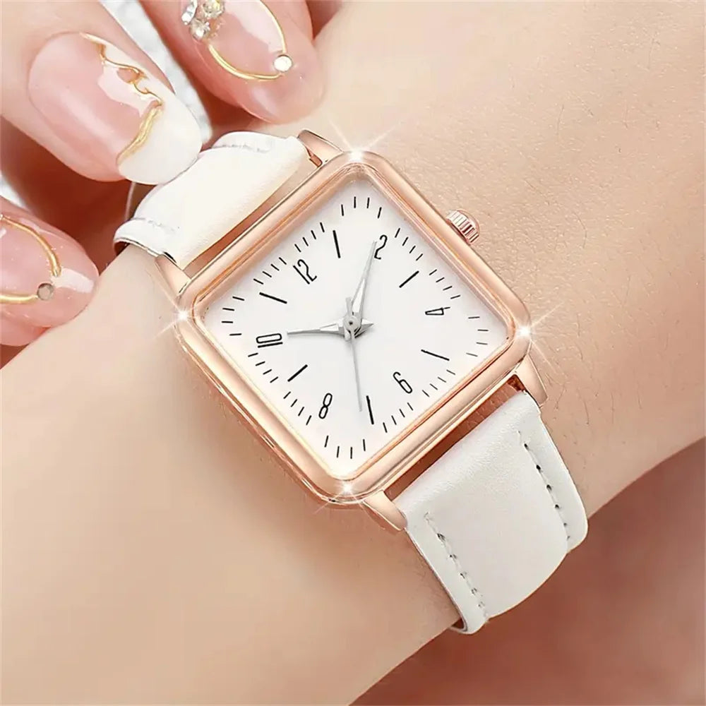 2PCS/Set Fashion Square Women's Watch Leather Band Quartz