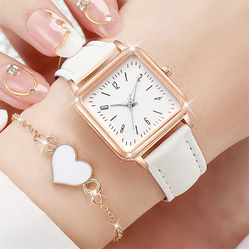 2PCS/Set Fashion Square Women's Watch Leather Band Quartz
