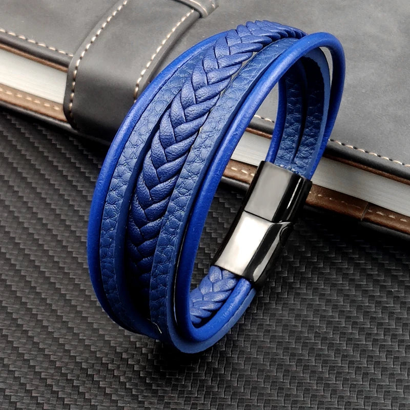 New Titanium Steel Blue Punk Braided Leather Bracelet