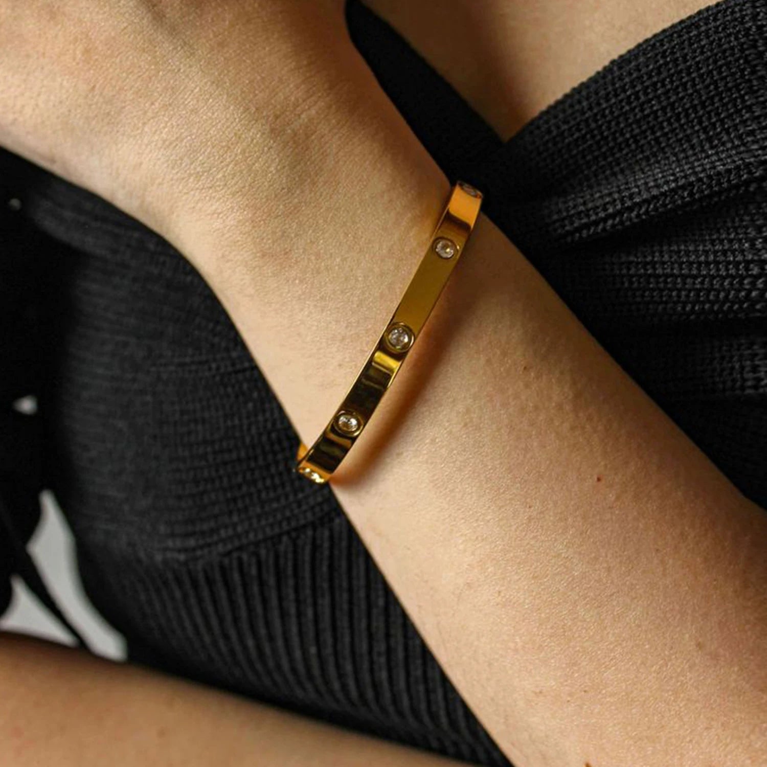 Gold Plated Bracelet with Cubic Zirconia Stones Stainless Steel Bangle Minimalist Cuff Love Charm Bracelets for Women