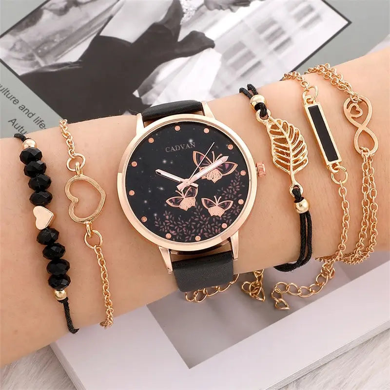 6pcs Set Womens Watches Ladies Fashion Butterfly Watch New Simple Casual Womens