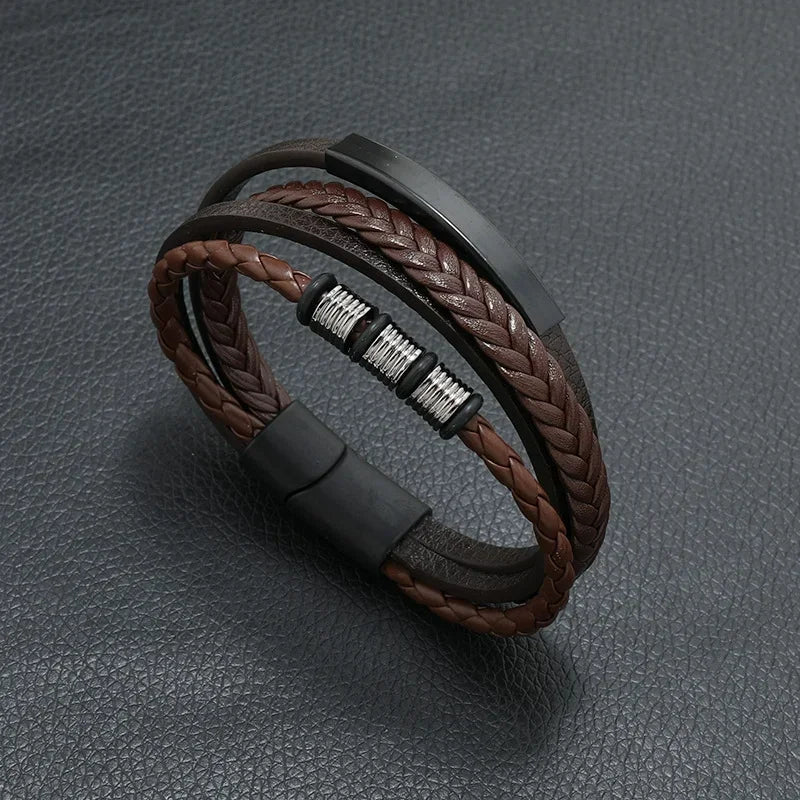 Trendy Leather Bracelets Men Stainless Steel Multilayer