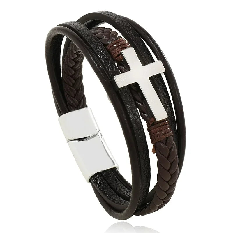 Trendy Leather Bracelets Men Stainless Steel Multilayer