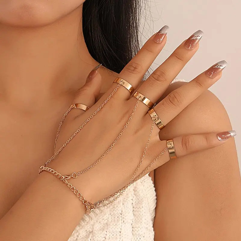Simple Heart Pendant Chain Bracelet Link Connected Gold Plated Wide Finger Ring Bracelets for Women Link Hand Harness Jewelry