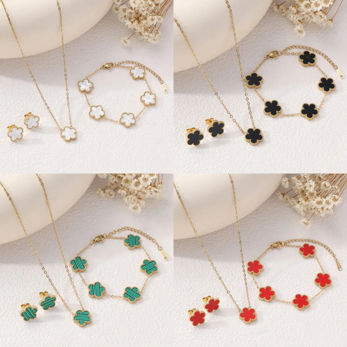 IFYOUOO Necklace Bracelet Earrings Set Luxury Plum Blossom Plant Five Leaf Flower for Women Gift Jewelry