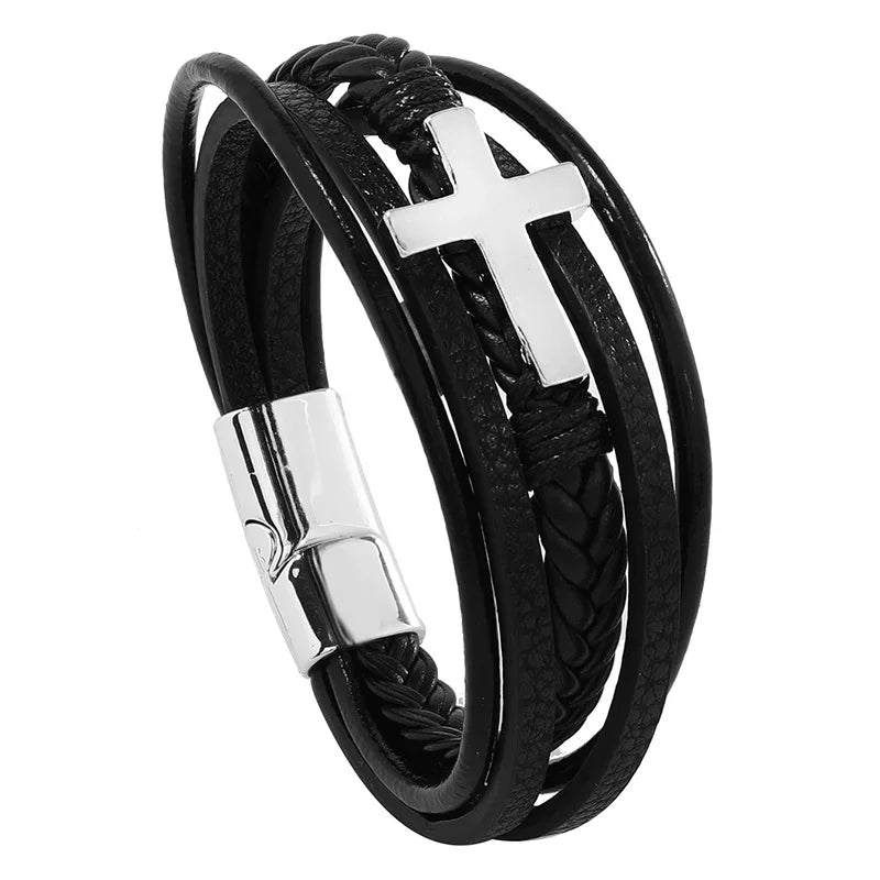 Trendy Leather Bracelets Men Stainless Steel Multilayer