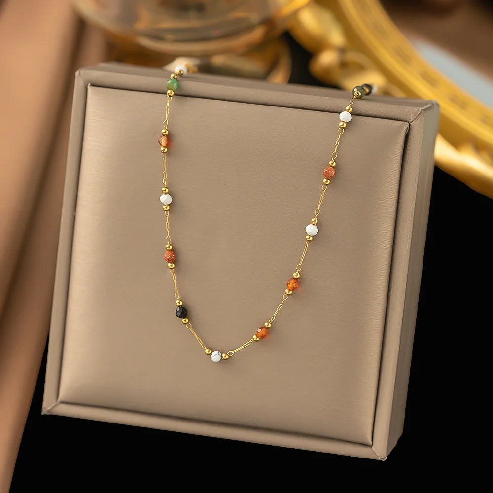 Yupsk 316L Stainless Steel Colorful Beads Chain Bracelet Necklace for Women Girls Retro Stylish Thin Bracelet Jewelry Gift