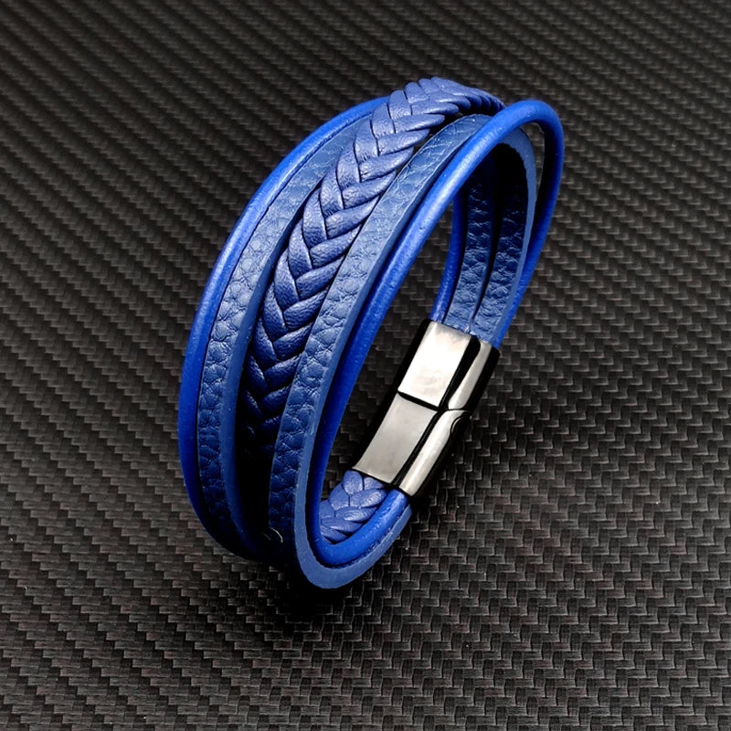 New Titanium Steel Blue Punk Braided Leather Bracelet