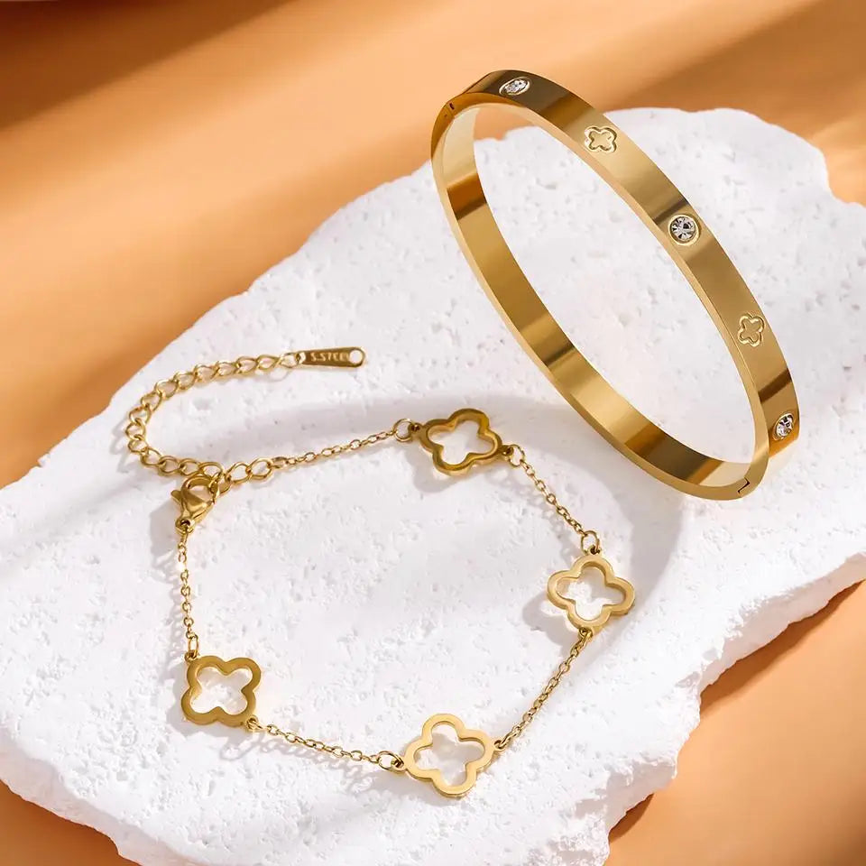 2PCS French Lucky Clover Bracelet Set For Women High Quality
