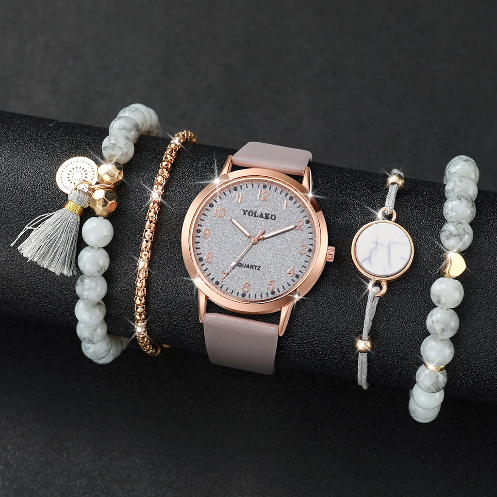 5PCS/Set Fashion Arabic Dial Women Quartz Watch Casual Leather Band Wrist Watches Bracelets  Set