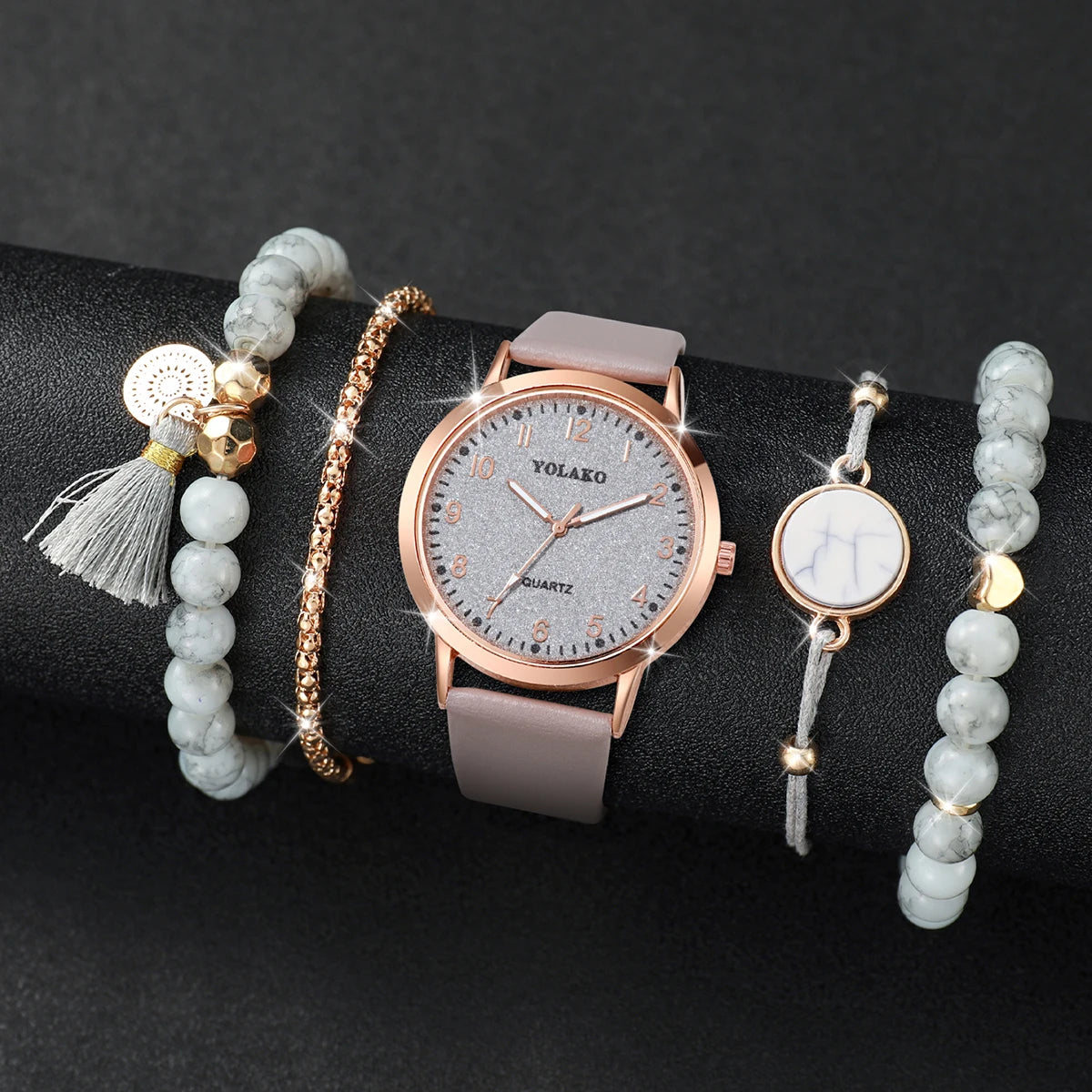 5PCS/Set Fashion Arabic Dial Women Quartz Watch Casual Leather Band Wrist Watches Bracelets  Set