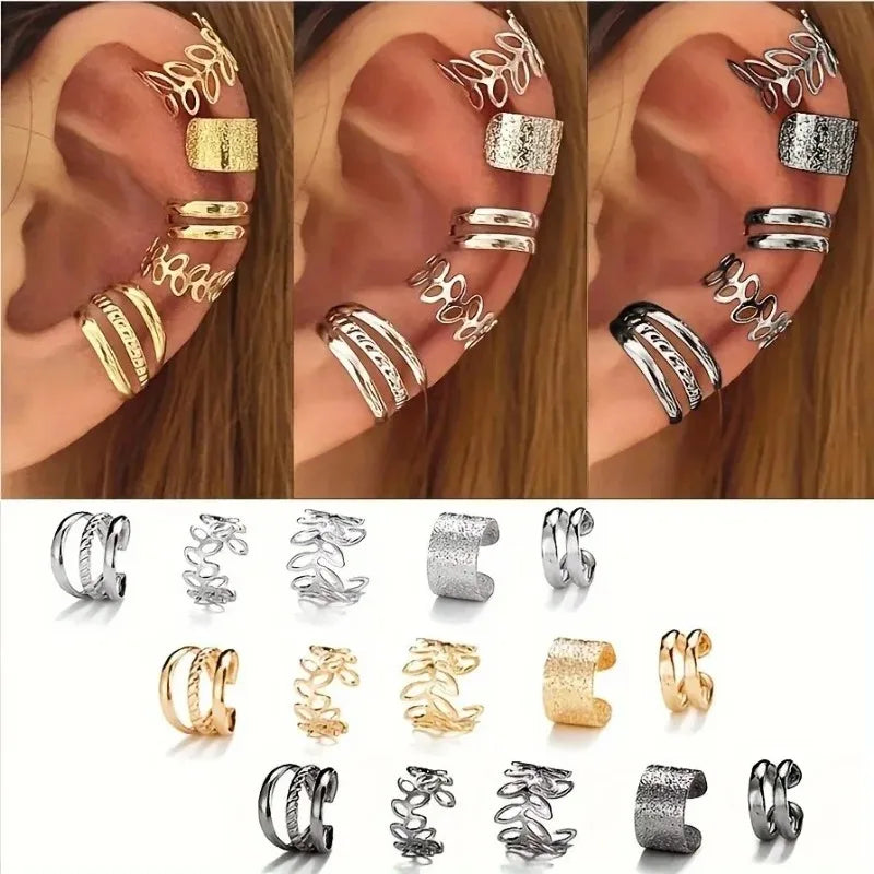 5/15 Pcs Set Of Hollow Leaf Design Clip On Earrings,