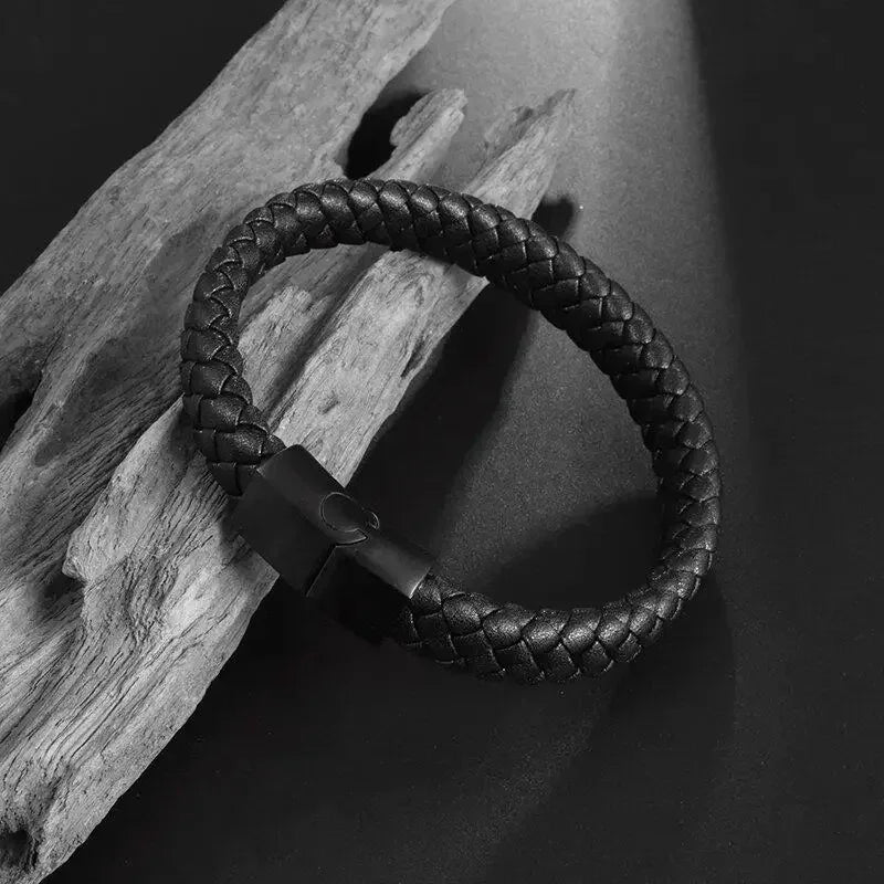 Classic Single Layer Black Hand Woven Leather Bracelet with Metal Magnetic Clasp Men