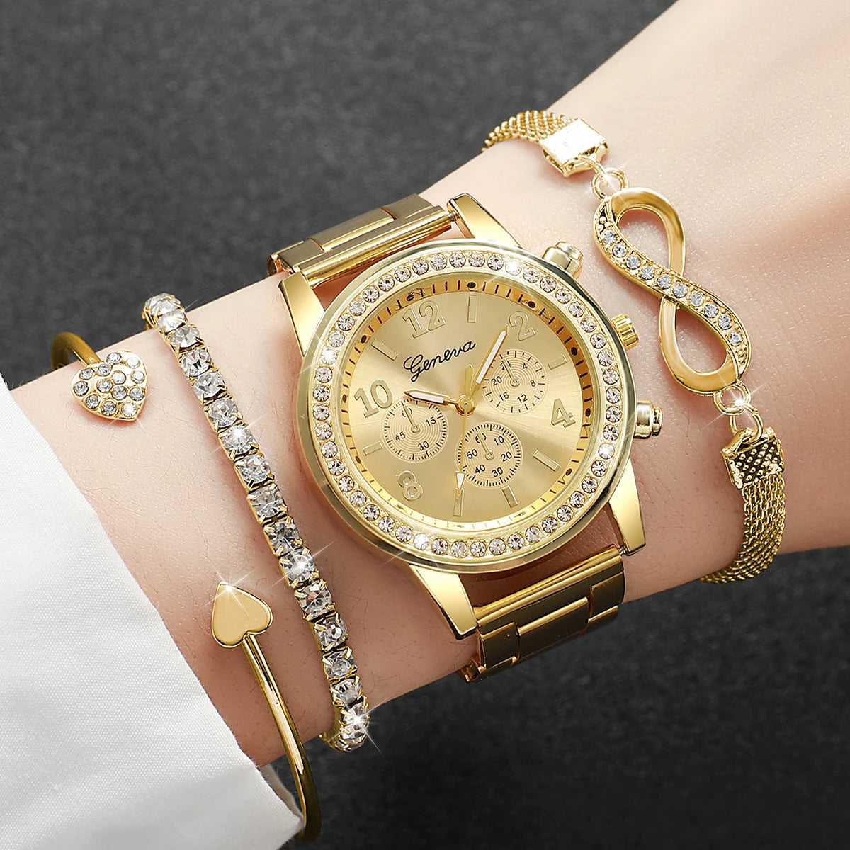4PCS/Set Fashion Rhinestone Women Watches Luxury Steel Band Ladies Quartz Watch Bracelets Set