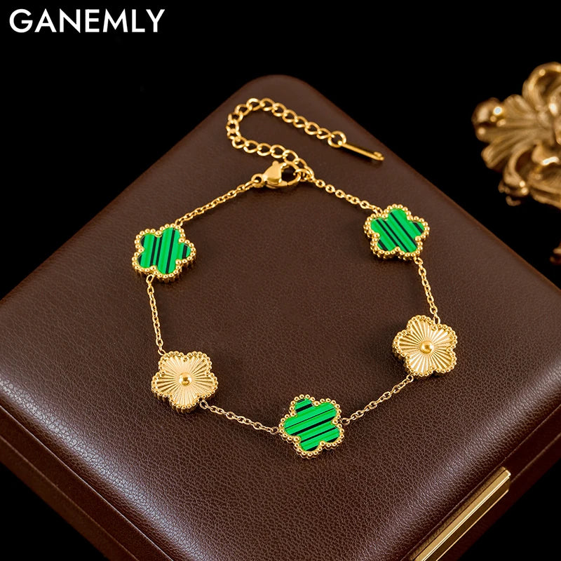 GANEMLY New Fashion Double Sided Green Five Leaf Flower Charm Bracelets