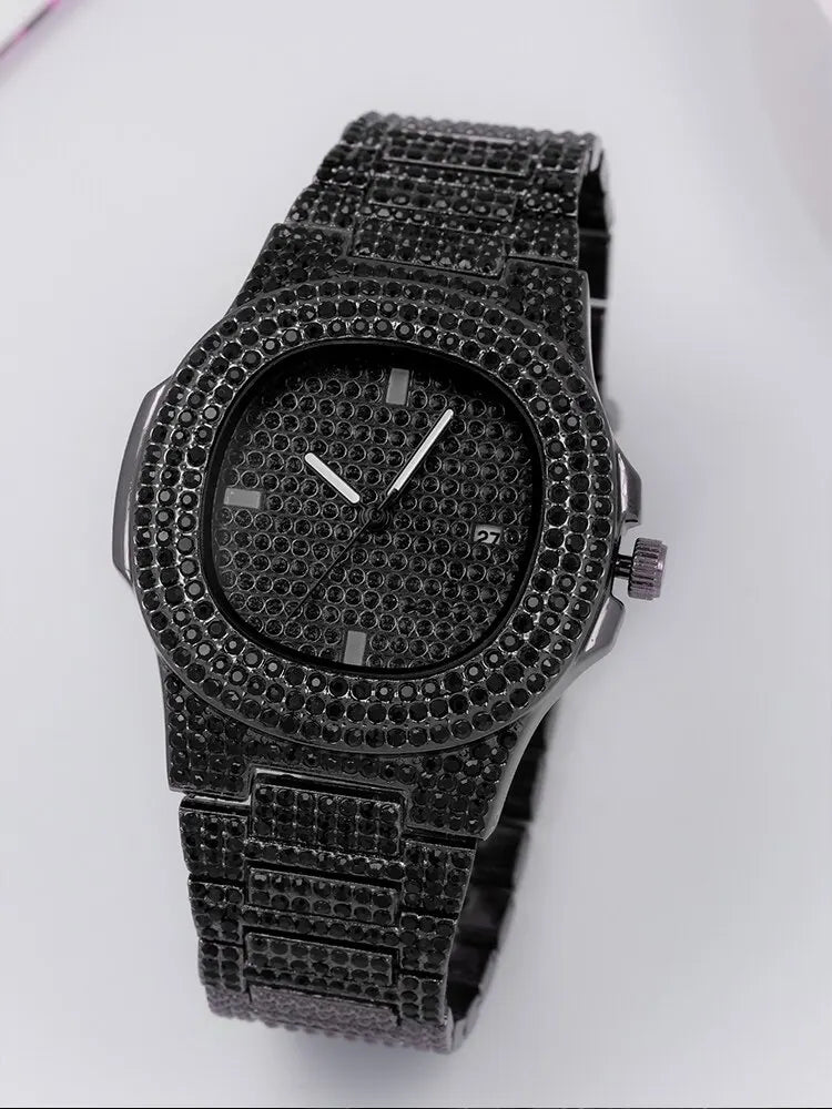 Men's Full Diamond Black Steel  Watch
