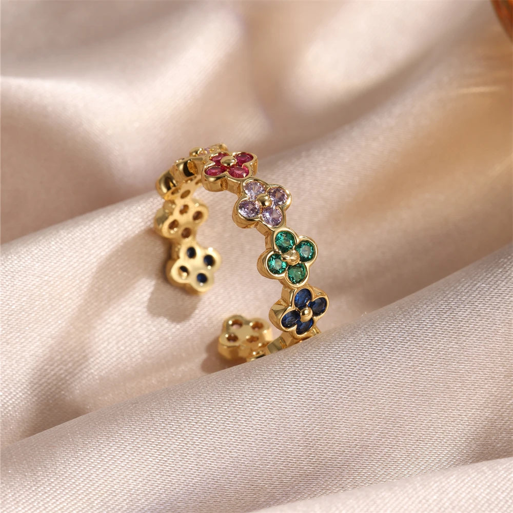 new design fashion jewelry gold plated flower zircon open ring elegant women's