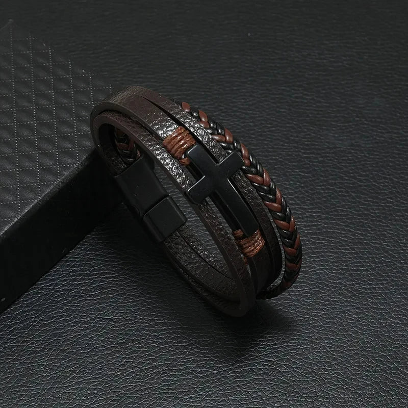 Trendy Leather Bracelets Men Stainless Steel Multilayer