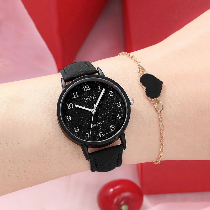 2PCS Fashion Starry Sky Women's Quartz Watch Leather Band Analog