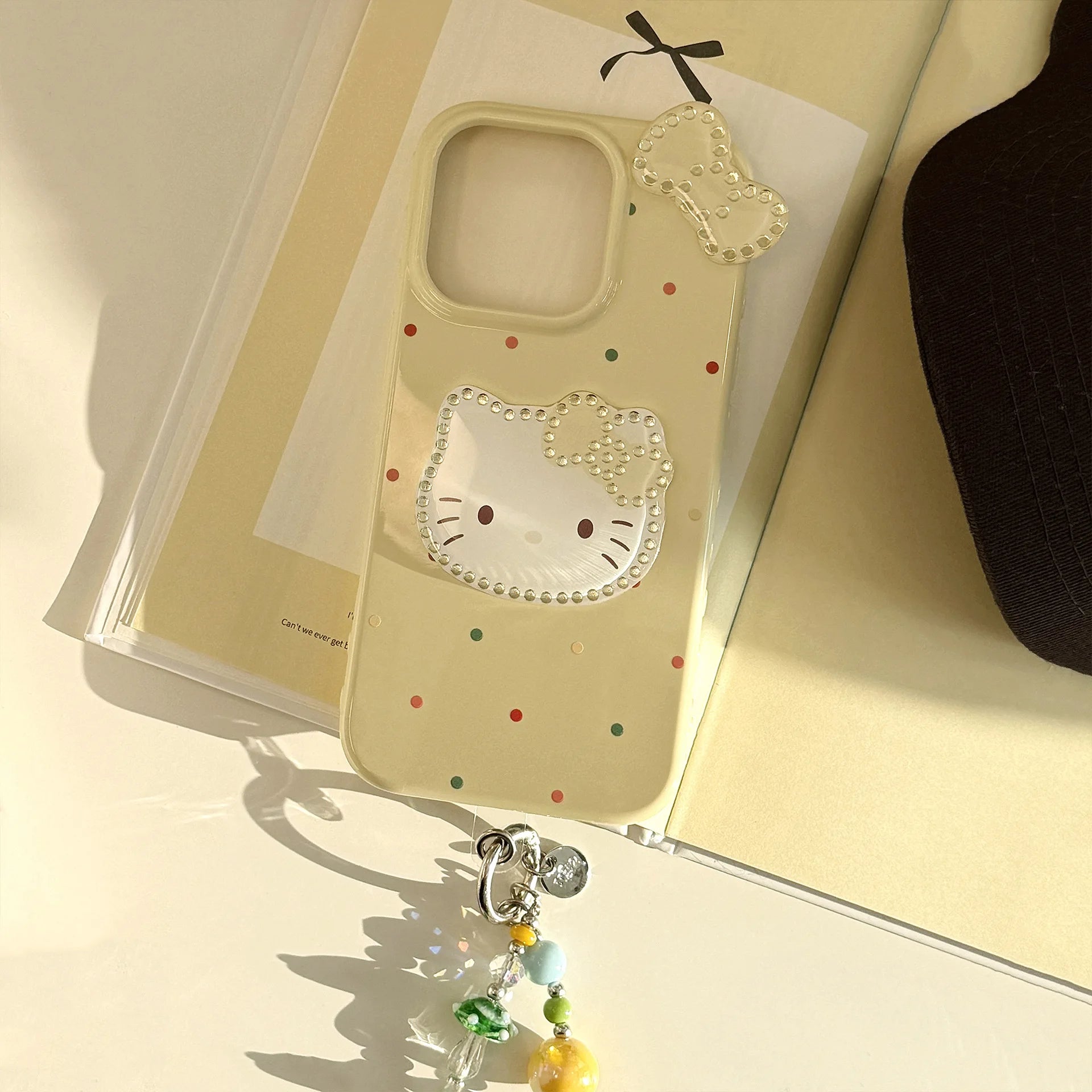 Korean Colorful Wave Point 3D Bowknot Hello Kitty Phone Case For iPhone 16 15 14 13 12 Pro Max With Wrist Strap Shockproof Cover