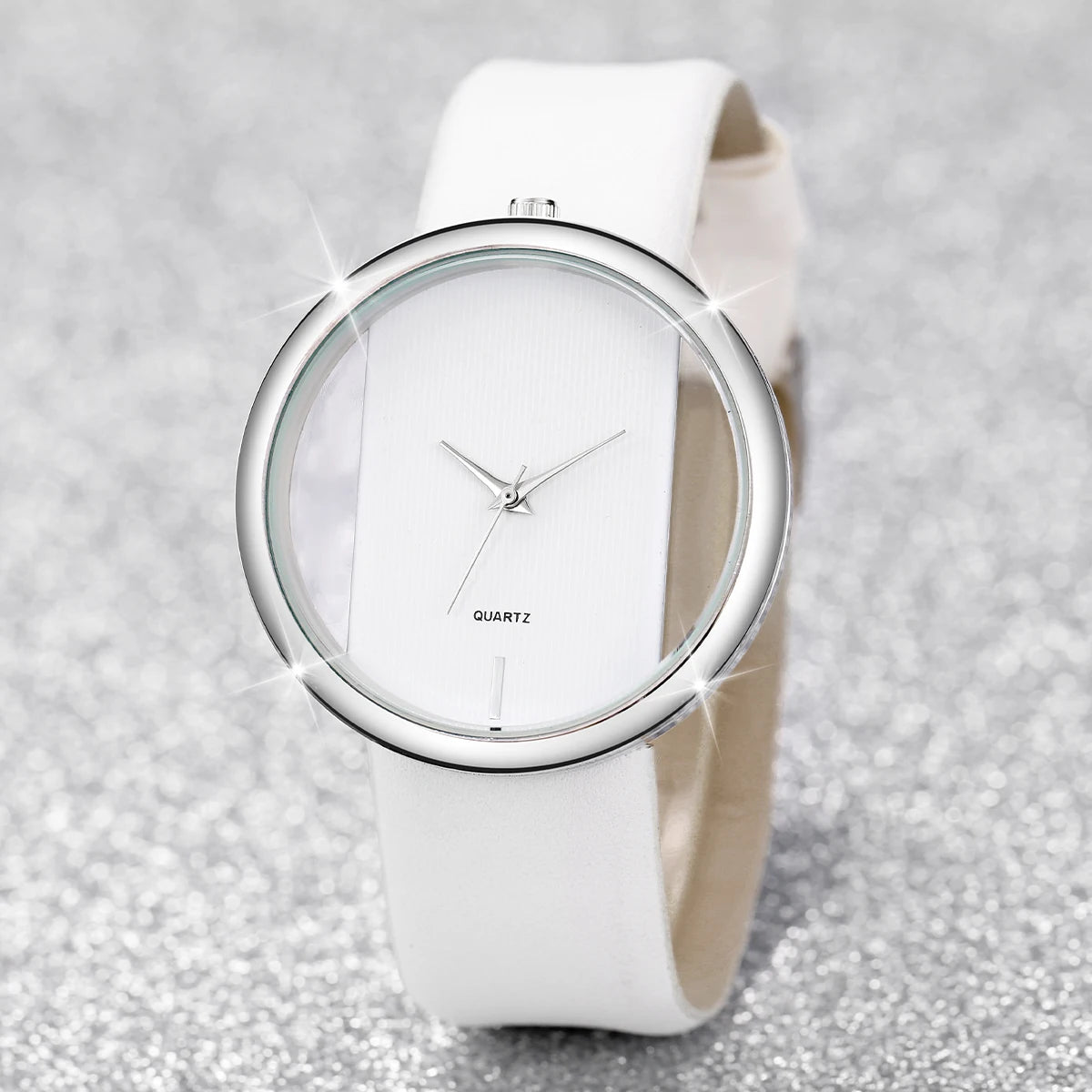 2PCS/Set Women's Watch Pearl Diamond Bracelet Set Fashion Hollow Dial Leather Band Quartz Watches(Without Box)