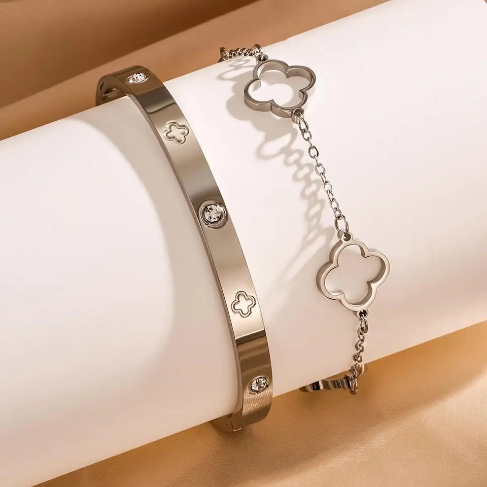 2PCS French Lucky Clover Bracelet Set For Women High Quality
