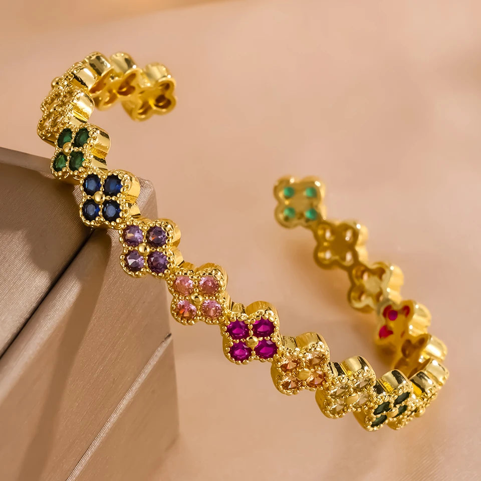 Luxury Brass Colorful Random Zircon Flowers Bracelets