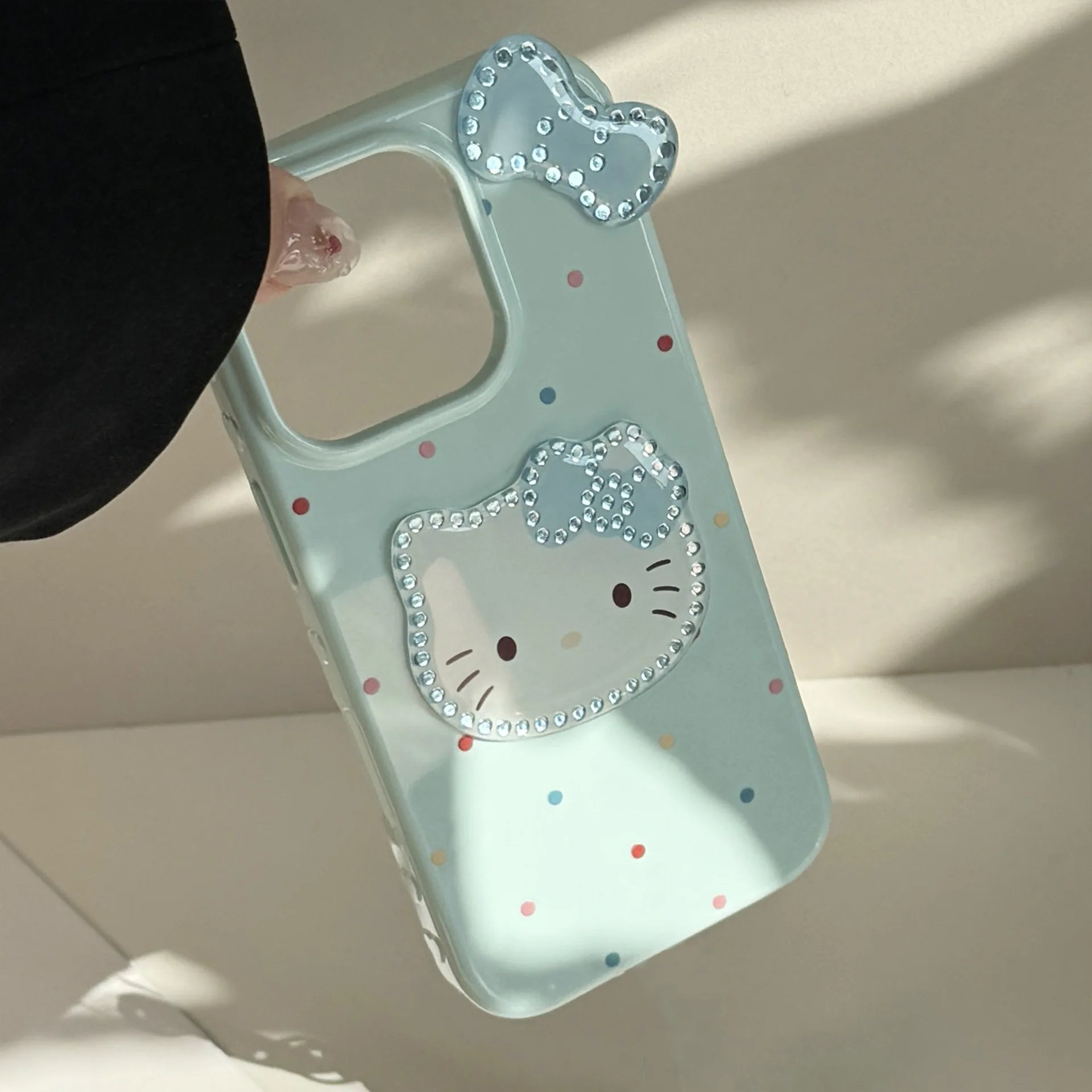 Korean Colorful Wave Point 3D Bowknot Hello Kitty Phone Case For iPhone 16 15 14 13 12 Pro Max With Wrist Strap Shockproof Cover