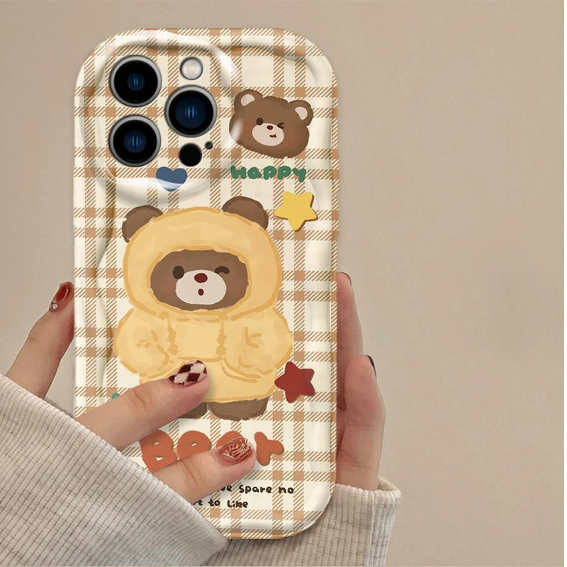 Lovely Coffee Bear Silicone Printing Phone Case for IPhone 16 15 14 13 12 11 Pro Max Plus 16E XR XS X 7 8 Wavy Shockproof Cover