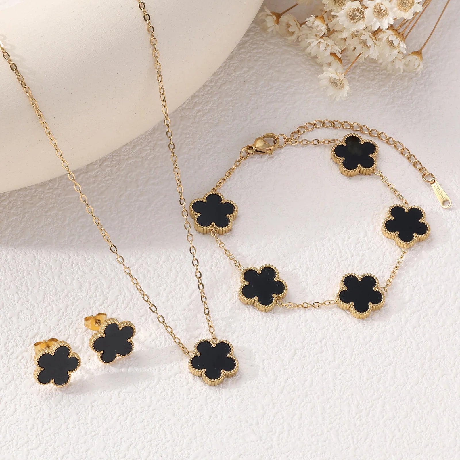 IFYOUOO Necklace Bracelet Earrings Set Luxury Plum Blossom Plant Five Leaf Flower for Women Gift Jewelry