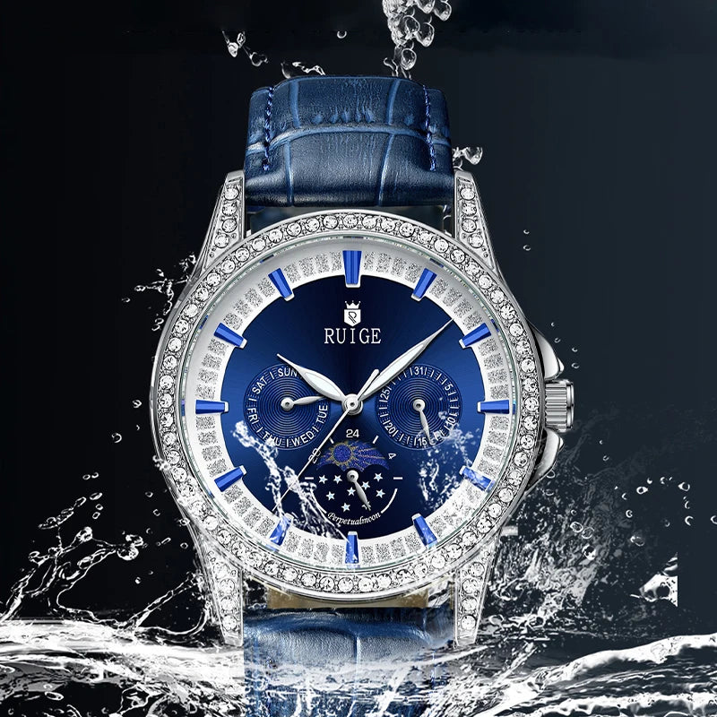 Watch Men's Famous Watch Genuine Leather Waterproof Blue Watch