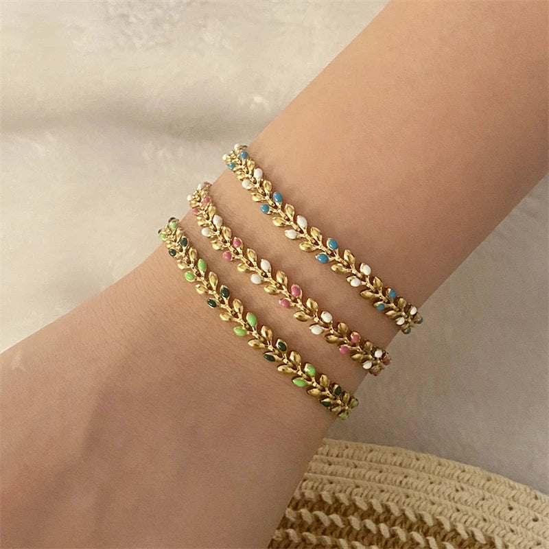 316L Stainless Steel New Fashion Fine Jewelry 3 Colors Oil Drip Wheat Ears Olive Branch Shape Charm Chain Bracelets For Women