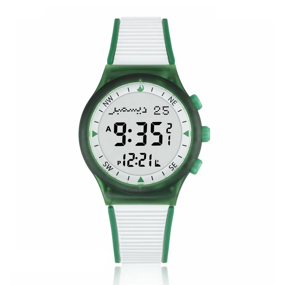 Muslim Azan Watch for Prayer with Qibla Compass Adhan Alarm Hijri Islamic Al Harameen Fajr Time Wristwatch Multi Languages