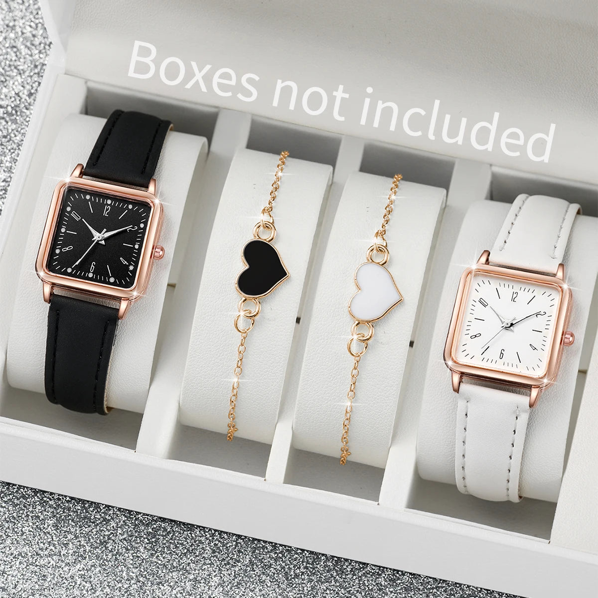 2/4PCS Fashion Square Women's Watch Leather Band Quartz Watches Heart Bracelet Set