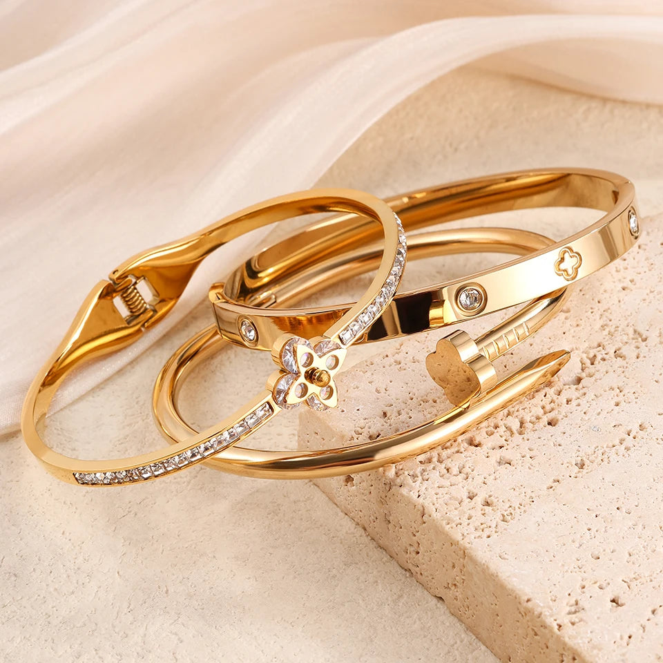 2PCS French Lucky Clover Bracelet Set For Women High Quality Stainless Steel INS Hot Selling Bracelet Charm Feeling Jewelry Gift