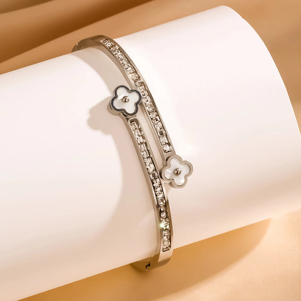 Four-leaf Flower Shell Plum Blossom Stainless Steel Open Bracelet Shiny