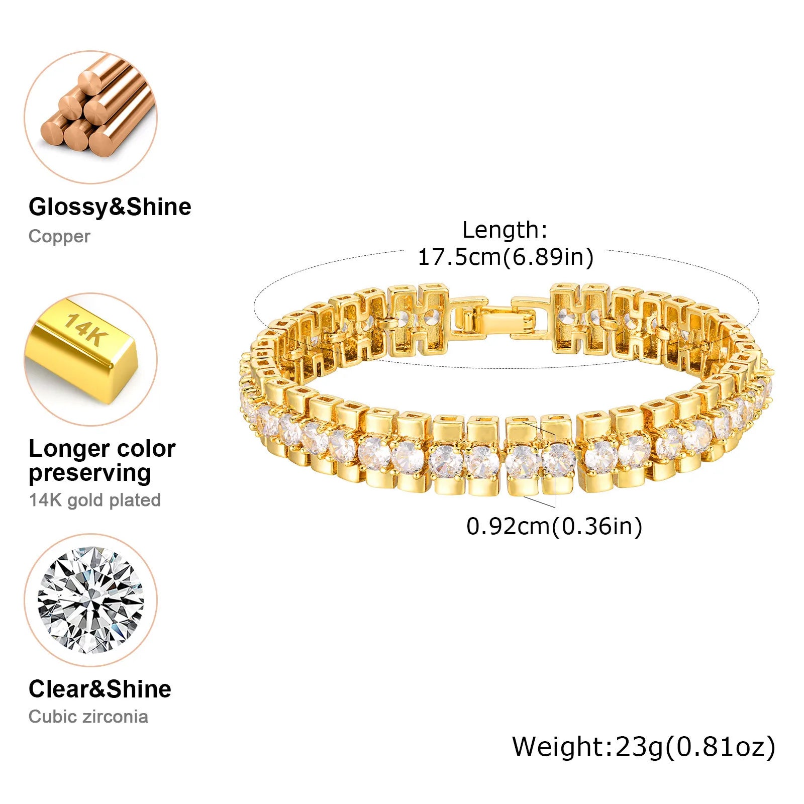 Paperclip Chain Bracelet 14K Gold Plated Cubic Zirconia.