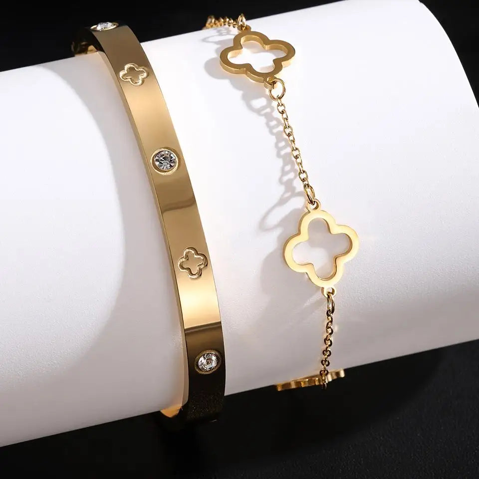 NEW French Lucky Clover Women's Bracelet Set High Quality Stainless Steel INS Hot Selling Bracelet Charm Jewelry Gift 2PCS