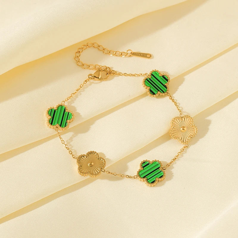GANEMLY New Fashion Double Sided Green Five Leaf Flower Charm Bracelets