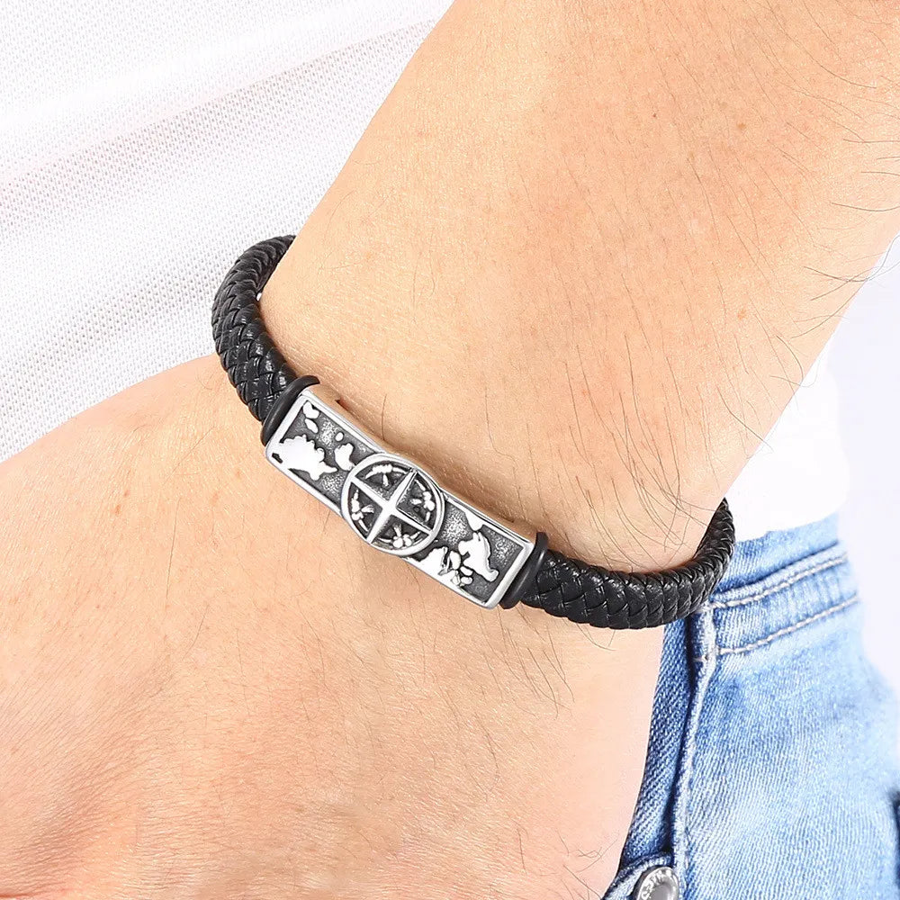 Stainless Steel Wrap Leather Viking Compass Bracelet Men Women