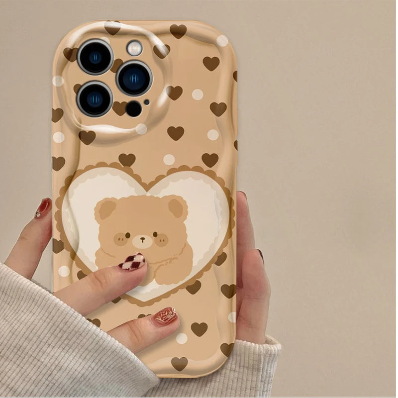 Lovely Coffee Bear Silicone Printing Phone Case for IPhone 16 15 14 13 12 11 Pro Max Plus 16E XR XS X 7 8 Wavy Shockproof Cover