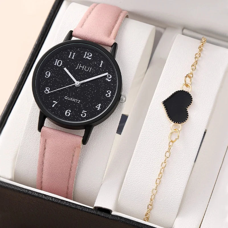 2PCS Fashion Starry Sky Women's Quartz Watch Leather Band Analog
