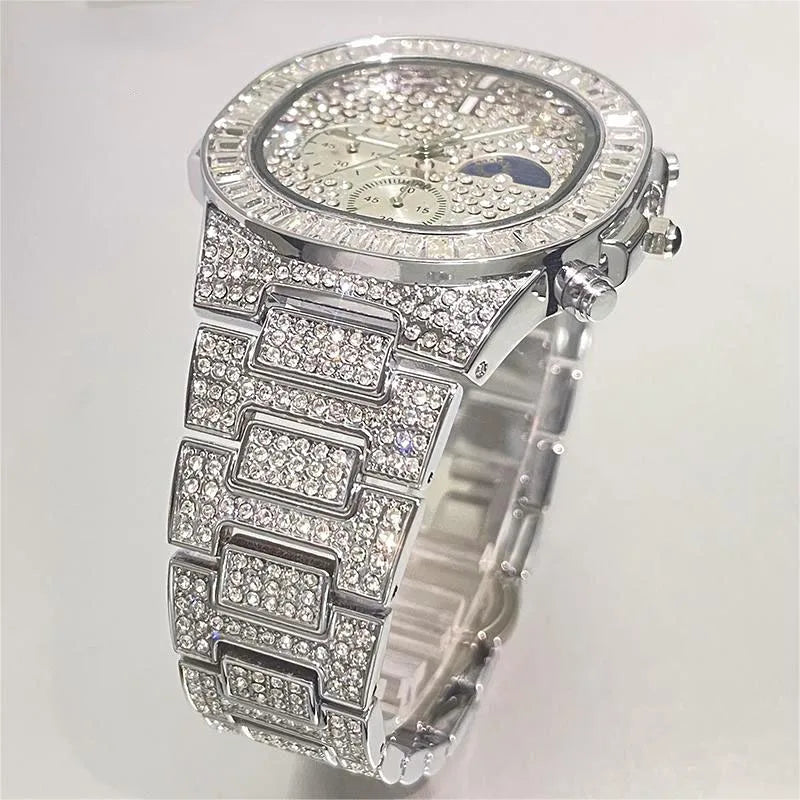 Luxury Quartz Mens Watches Fashion Square Diamond Stainless Steel Wristwatches