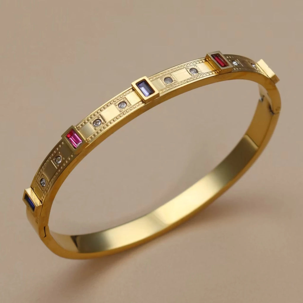 C8 Inlay Square Small Coloured Zircon Stainless Steel Gold Color Stacking Bracelet, Cubic Zircon Design Women's Jewellery Bangle