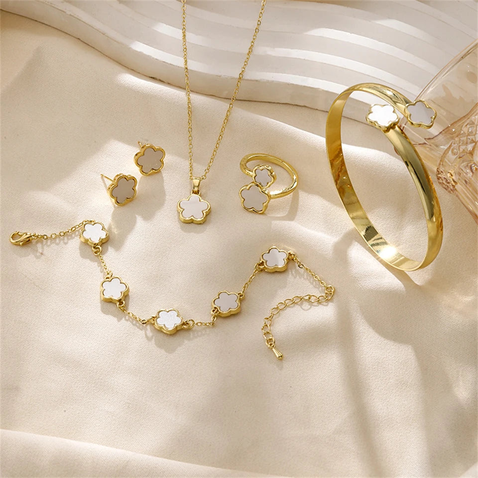 5 Pcs Set Jewelry Stainless Steel Five Leaf Clover