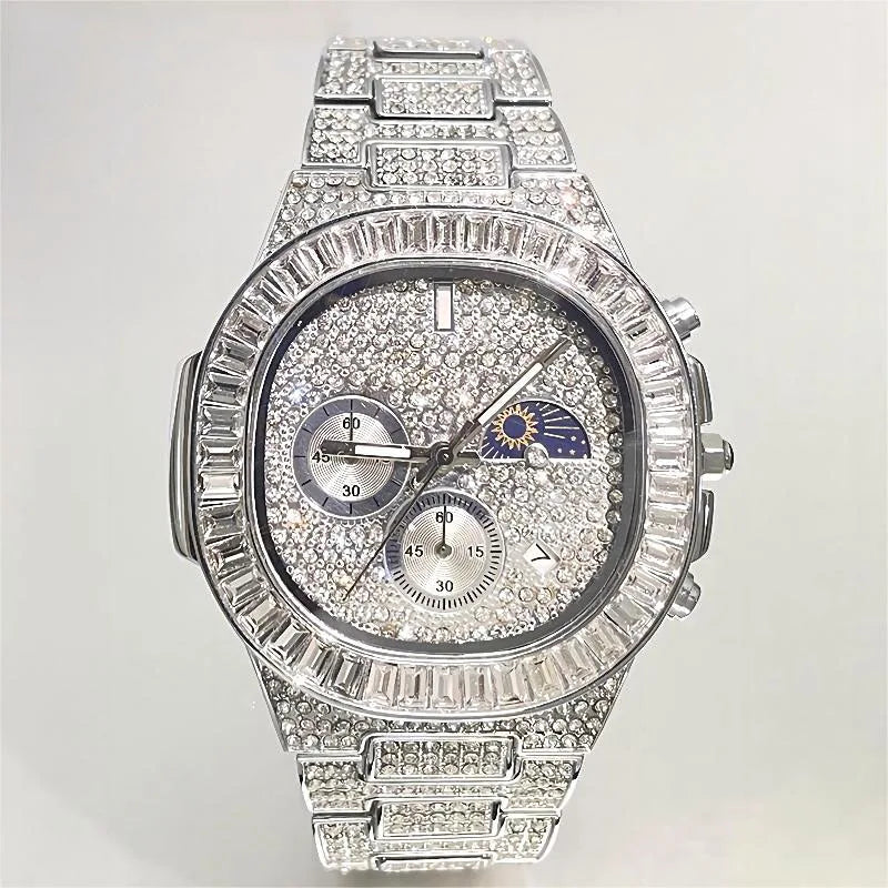 Luxury Quartz Mens Watches Fashion Square Diamond Stainless Steel Wristwatches